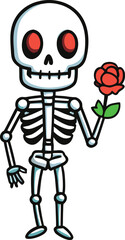 Cartoon skeleton holding a red rose flower
