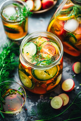 Fototapeta premium Jar of cucumber pickles sits on a table
