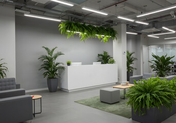Stylish office reception area with modern furniture, indoor plants, and branding