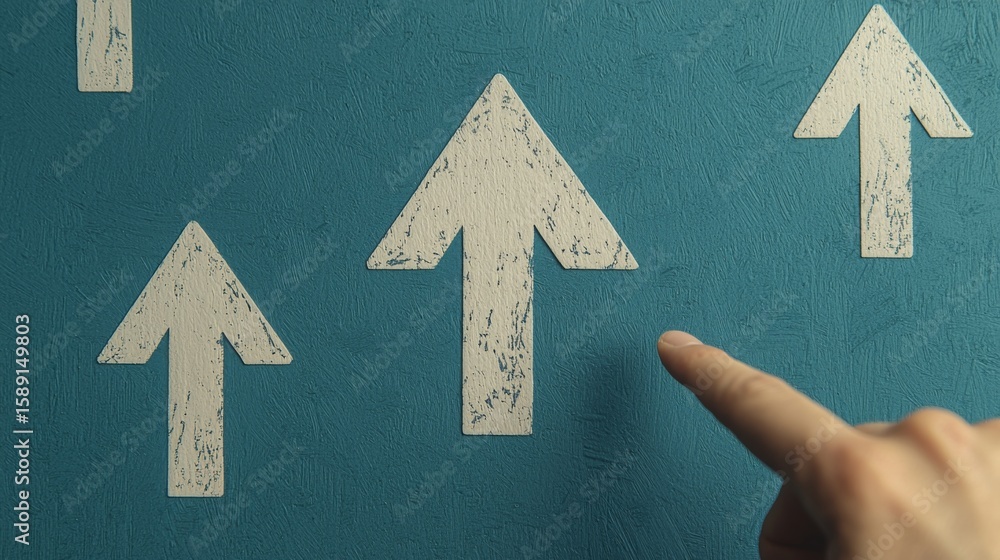 Poster individual pointing at a wall with arrows to indicate direction and growth strategies in a professio