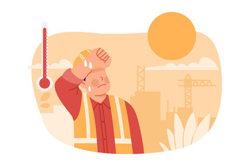 Field worker overheated and exhausted suffering from extreme heat summer while working outdoors illustration. Flat design, cartoon, vector isolated on white background