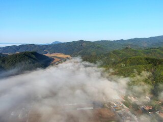 aerial view of mountains surrounded by morning mist. northeast china High quality photo