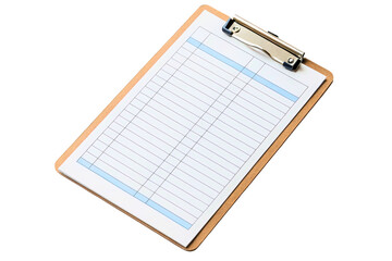 Wooden clipboard holding a blank checklist isolated with transparent background