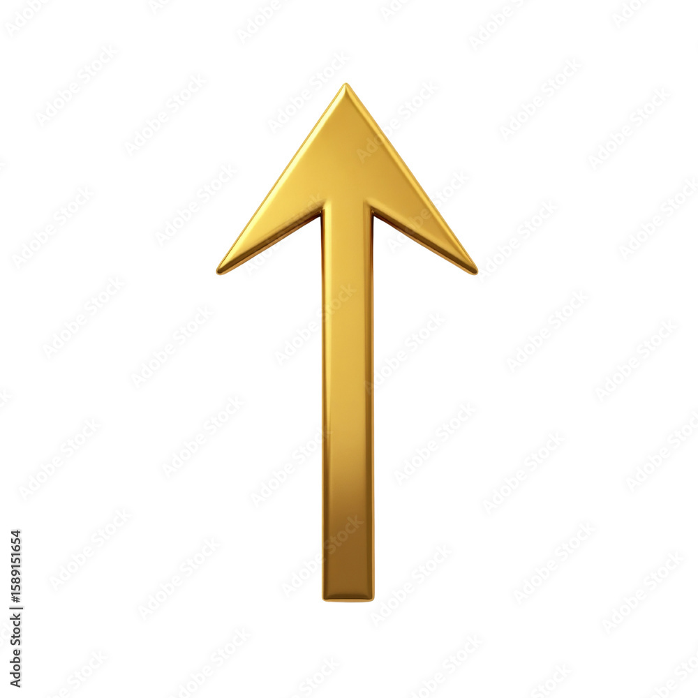 Poster gleaming golden arrow ascending on isolated canvas, representing progress, direction and goals