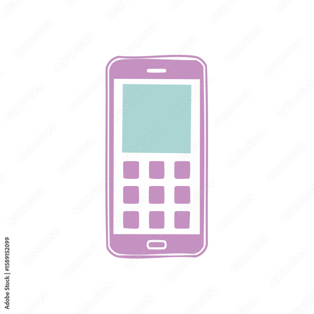 Aufkleber stylized mobile phone icon in purple with buttons and display screen set on black background
