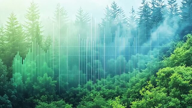 forest with a digital overlay showing a bar graph and numerical data representing carbon offset values, carbon credit concept.	