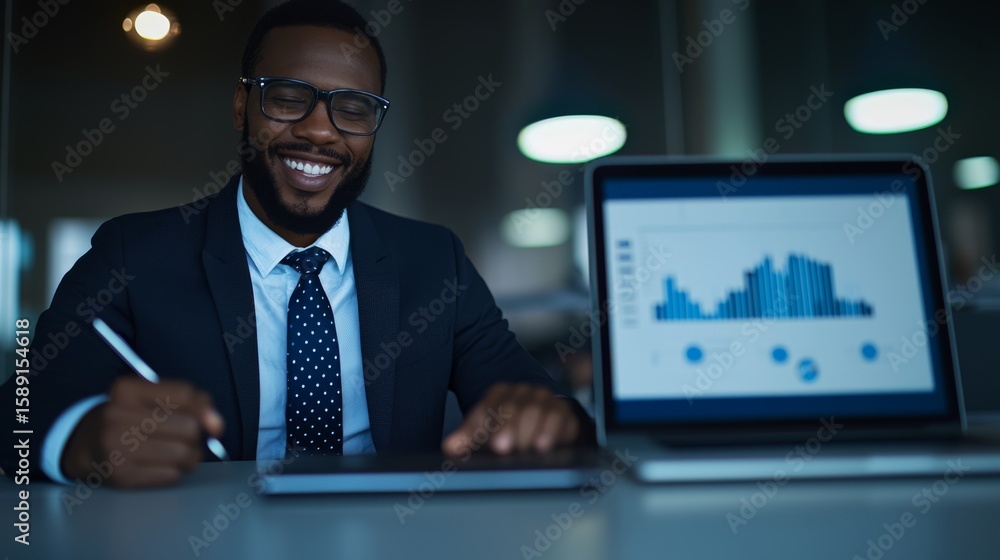 Poster professional man in suit and tie engaged in work on laptop while collaborating in a dynamic business