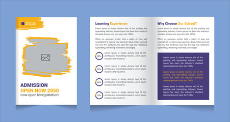 Fototapeta premium Modern school admission trifold brochure design, kids academy brochure template or corporate trifold brochure layout. Kids back to school education admission banner template