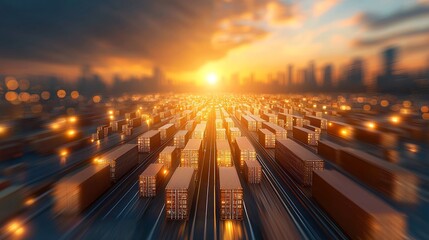 Sunset over a container port urban cityscape aerial view industrial environment freight transportation concept