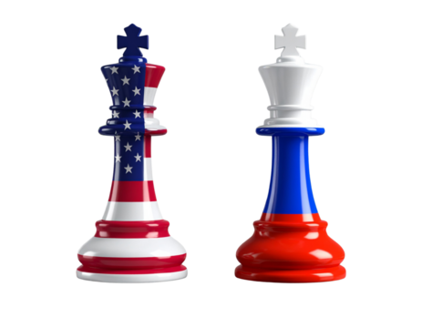  Close-Up of Russian and American Flag Chess Kings on Marble Chessboard, Contemporary Conflict Metaphor