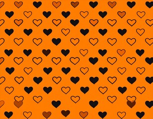 Seamless pattern with black and outlined heart shapes on a bright orange background. Simple and modern design perfect, romantic themes, wrapping paper, wallpapers, and textiles.