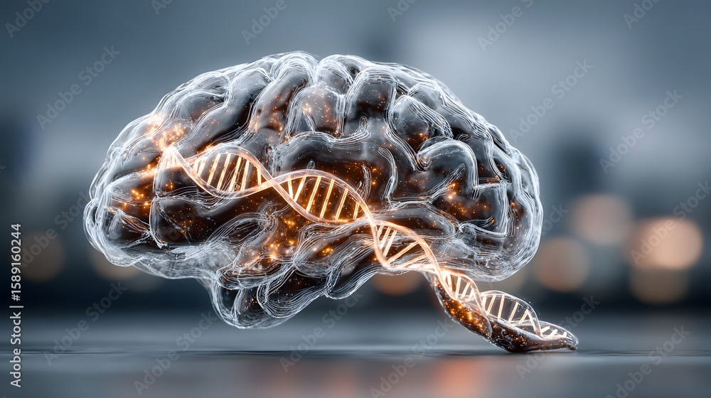 Poster a translucent brain with an illuminated dna double helix strand intertwined, symbolizing the connect