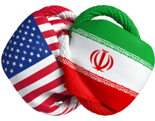  US and Iran Flags Intertwined in Tense Knot, Symbolic Concept, 3D Render Isolated