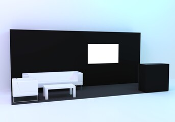Blank exhibit stand mockup, fair stand. Blank indoor exhibition with work paths. Blank trade exhibition booth system stand.	