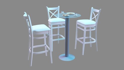 Booth high table and three chairs made from white wooden top and white legs. Cafe or exhibition display bar counter with stools. Product show.
