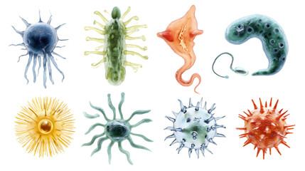 Microscopic view of various cells and microorganisms.