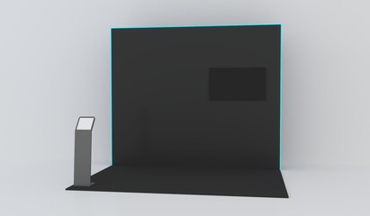 Blank exhibit stand mockup, fair stand. Blank indoor exhibition with work paths. Blank trade exhibition booth system stand.	
