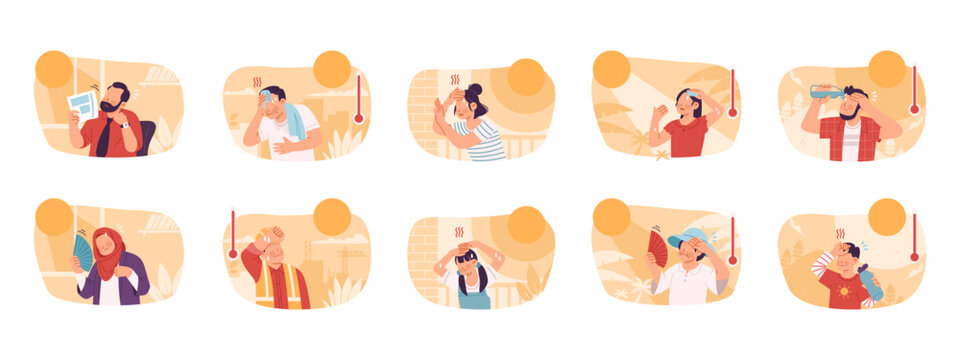Collection of people from various age groups and occupations experiencing discomfort, dehydration, and heat exhaustion due to extreme summer weather illustration. Concept of climate stress cartoon