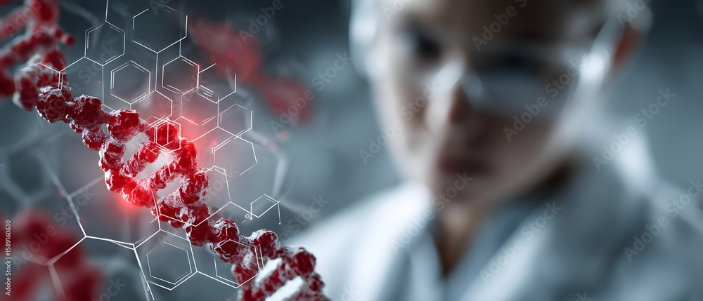 Poster a scientist in a lab coat and goggles observes a 3d red dna strand with hexagonal molecular structur