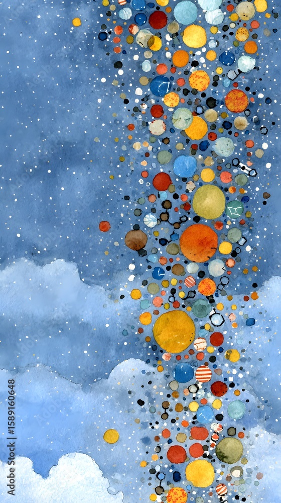Poster abstract artwork featuring a vertical cluster of colorful circles against a blue sky with clouds.
