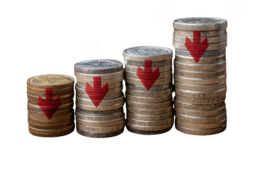 Canadian coins stacked in a downward trend with red maple leaf arrows isolated on transparent background