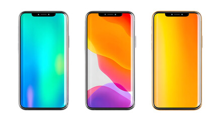 Three smartphones with vibrant color backgrounds.