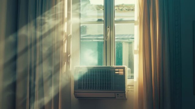 A window with an air conditioner unit sitting in front, providing cooling and ventilation