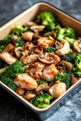 Black and white photo of a chicken and mushroom dish with broccoli