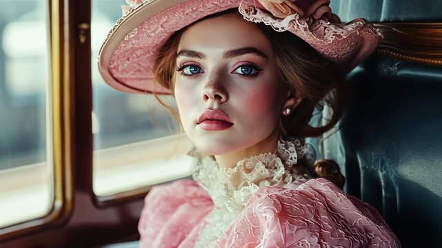 pretty lady in pretty pink 18th century gown match with hat sitting in the vintage car seat