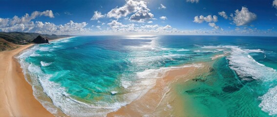 Magnificent aerial view of a pristine sandy beach with turquoise - blue ocean waves gently crashing onto the shore, under a bright blue sky dotted with fluffy white clouds, showcasing the idyllic beau