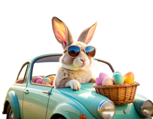  Cool Easter Bunny with Sunglasses Relaxing in Vintage Convertible, Colorful Eggs in Backseat, Sunny Outdoors