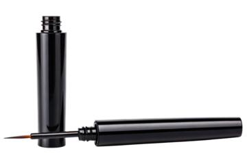 Open the tube of black liquid eyeliner with a fine-tip applicator brush isolated with transparent background