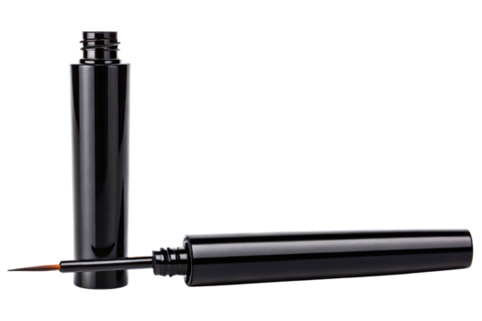 Open the tube of black liquid eyeliner with a fine-tip applicator brush isolated with transparent background