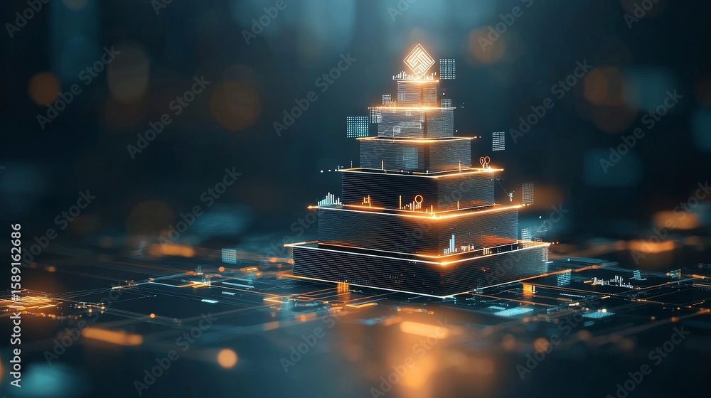 Poster digital pyramid structure virtual space 3d graphic futuristic environment close-up view technology c