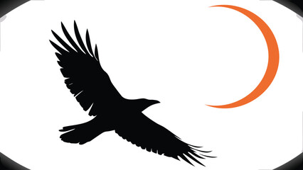 Obraz premium Silhouette of a raven in flight with outstretched wings against a crescent moon in the background