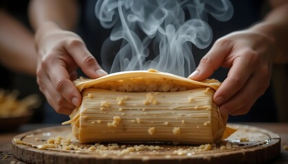 Hands unveil a steaming, wrapped food item on a wooden board, showcasing texture and steam