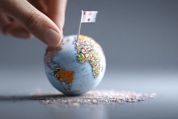Hand placing tiny flag on miniature globe