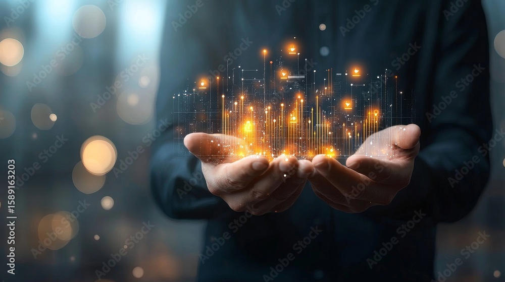 Poster visualizing data trends future insights in business analytics urban environment digital art close-up