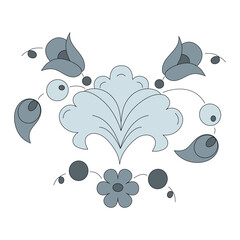 Vector decorative pattern with flowers and leaves of gray-blue shades on a white background.