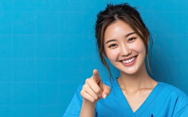 A young nurse, smiling and pointing at the camera with her finger, wearing blue scrubs against a solid background