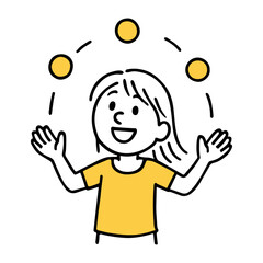 Playful Girl Juggling Yellow Balls. Fun Expression, Energetic Child, Circus, Games and Activity Concepts. Hand-Drawn Doodle Style Line Vector Illustration