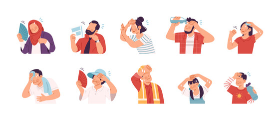 Set of character from various age groups sweating and suffering from summer heatwave illustration. Carton or flat style, vector design isolated on white background