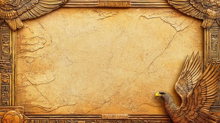 Egyptian style frame with eagles and hieroglyphics decorating a parchment background