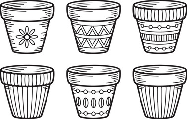Hand Drawn Boho Terracotta Pot Vector Set with Floral and Patterned Designs