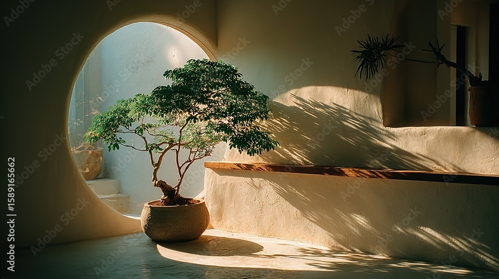 Poster sunlight filters through a window, illuminating a bonsai tree.