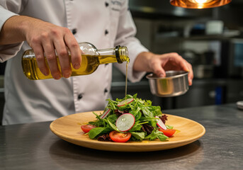 A chef drizzles olive oil onto a fresh salad