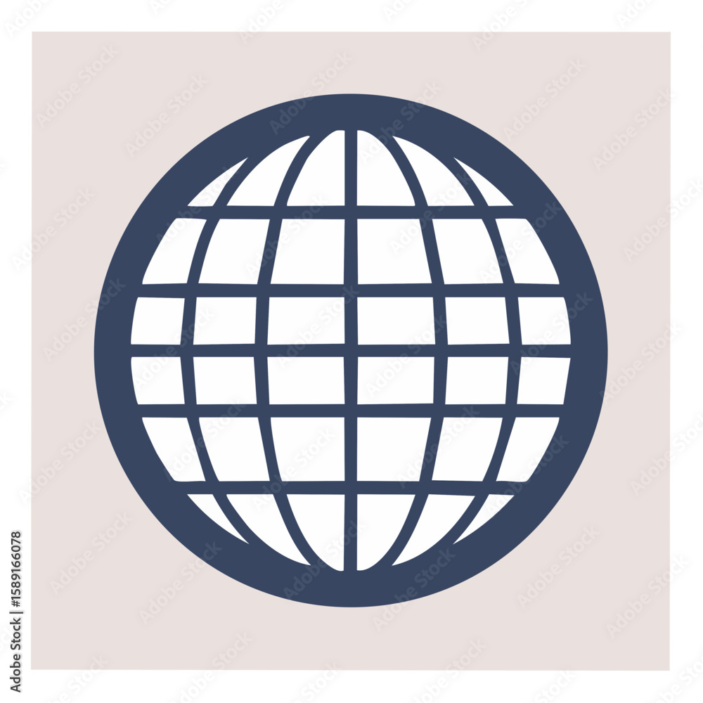 Poster minimalist globe illustration with grid lines on beige background, simple global networking or inter