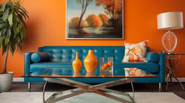 Artistic interior with a teal velvet sofa, bold orange accent wall, glass coffee table with chrome legs, and track lighting above .