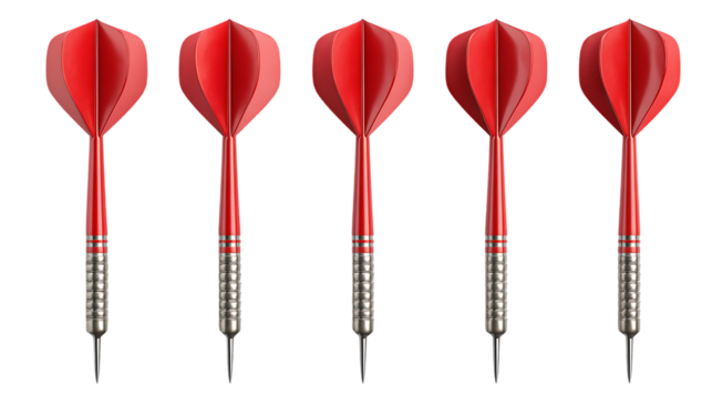 Five red darts isolated on black background