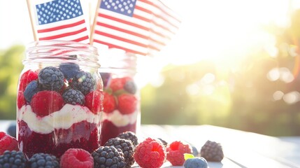 Celebrating independence day with patriotic berry dessert and american flags